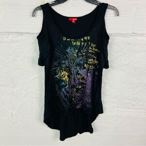 BONGO Black Graphic cross graffiti high low Y2K cold shoulder size medium